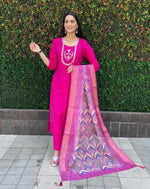 Thumbnail for Lorenvalley Fashion Magenta Roman Silk Hand Work Kurta Pant with Dupatta