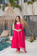 Thumbnail for Lorenvalley Magenta Pure Romansilk Chanderi Fabric Yoke Fancy Lace Work Anarkali Kurta Pant With Dupatta Set