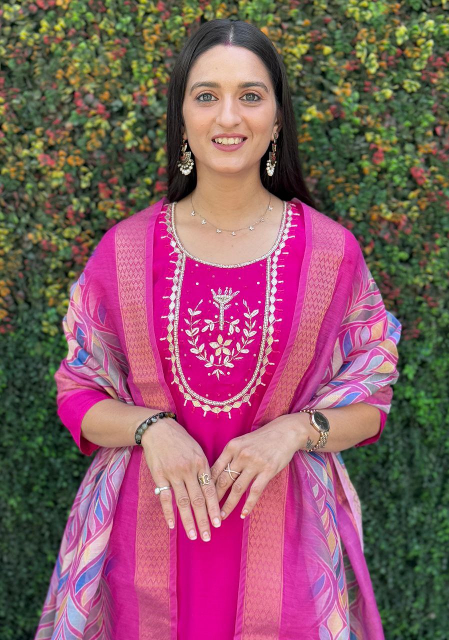 Lorenvalley Fashion Magenta Roman Silk Hand Work Kurta Pant with Dupatta