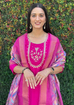Thumbnail for Lorenvalley Fashion Magenta Roman Silk Hand Work Kurta Pant with Dupatta