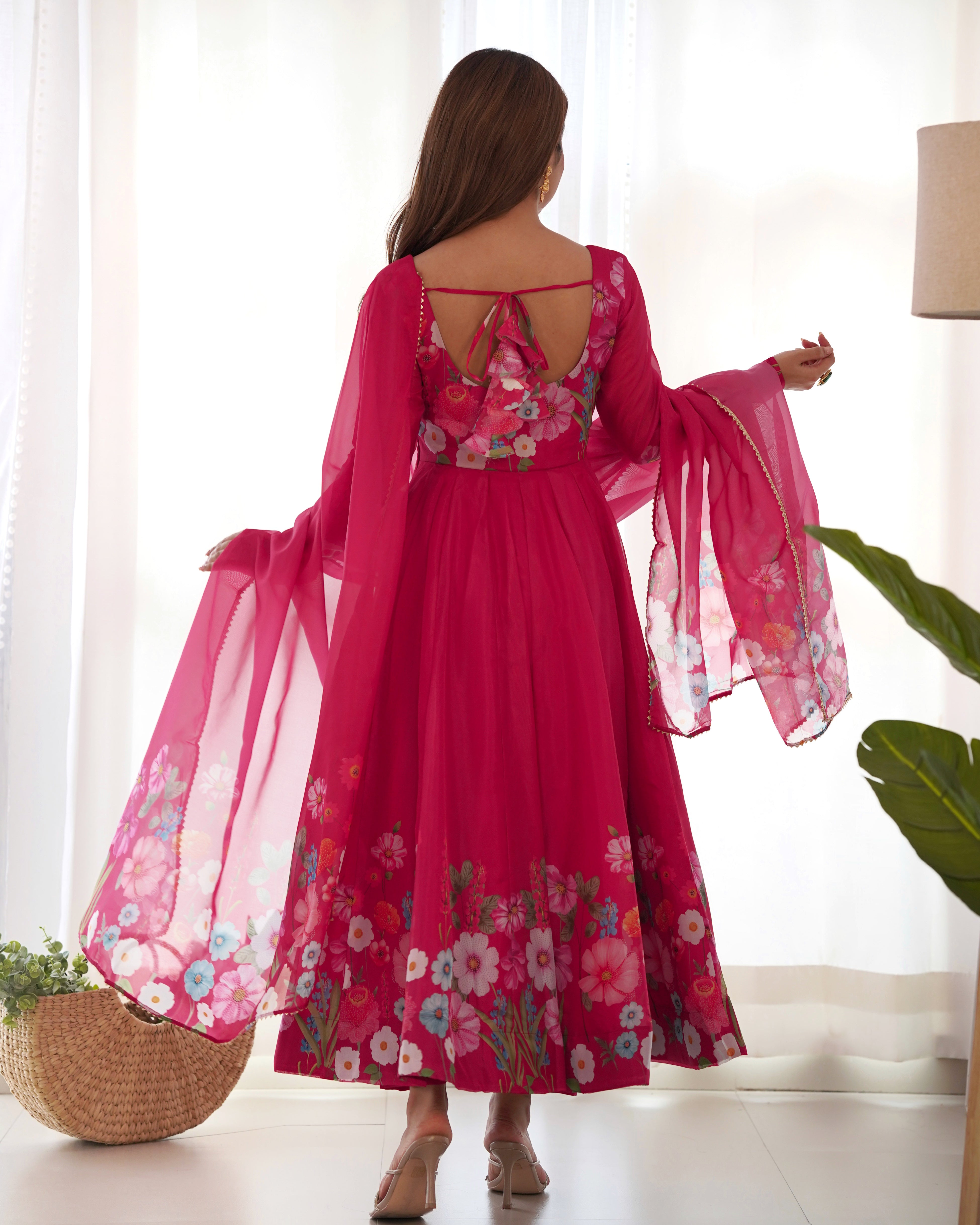 Lorenvalley Parrot Soft Organza Silk With Floral Print Fully Flared Anarkali Pant With Dupatta Set - Magenta - Distacart
