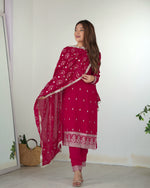 Thumbnail for Lorenvalley Magenta Rangoli Silk Embroidery Sequence and Jari Work Kurta Trousers with Dupatta Set - Distacart