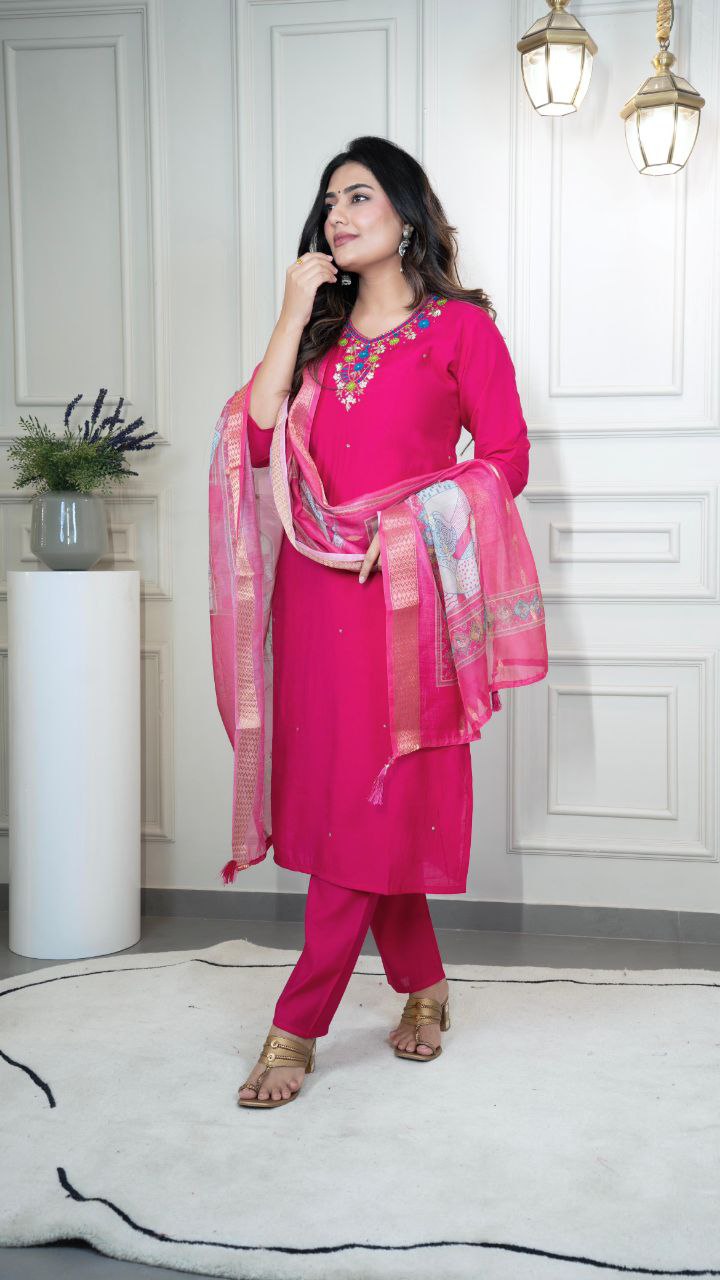 Lorenvalley Fashion Magenta Roman Silk Hand Work Kurta Pant with Dupatta