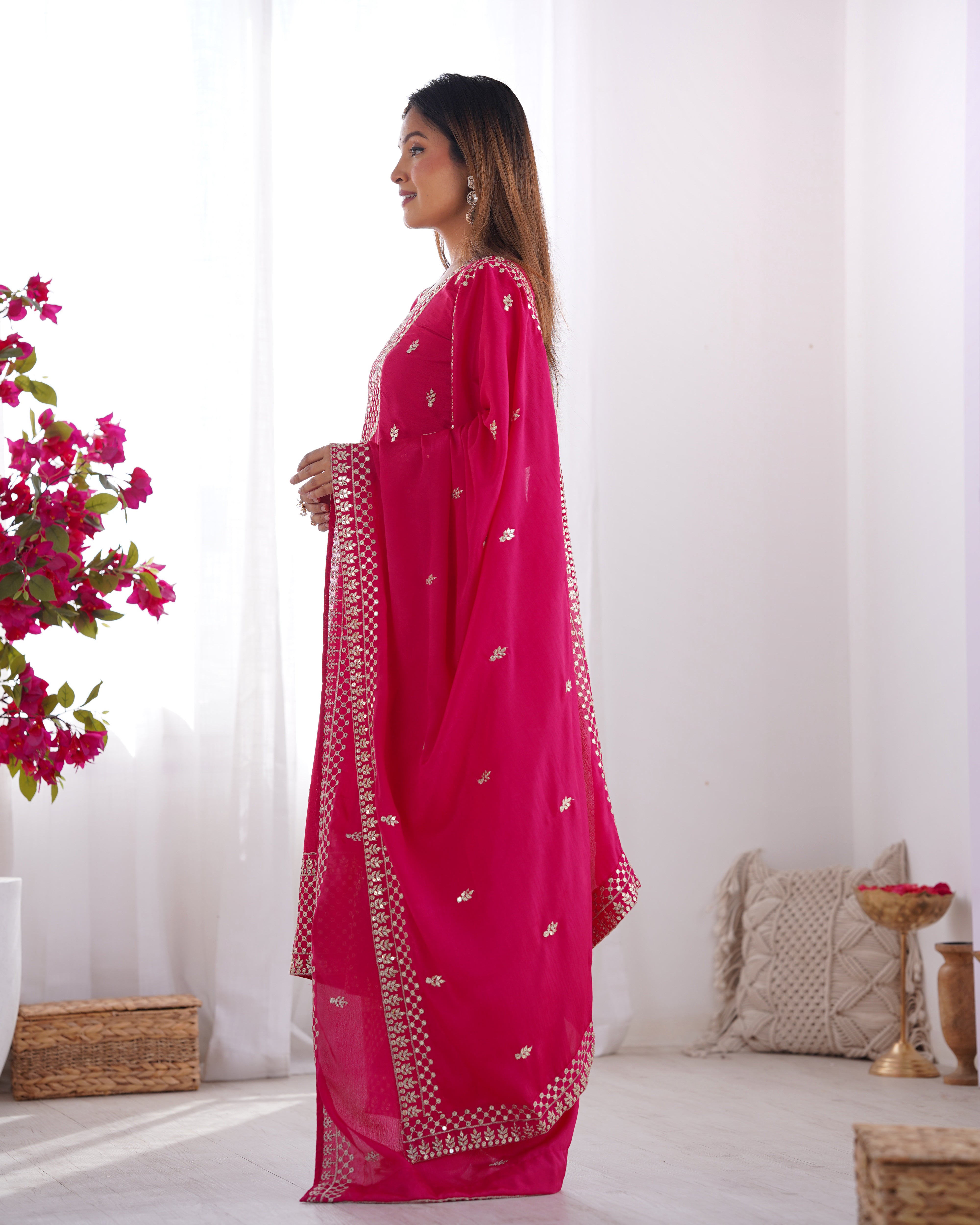 Lorenvalley Magenta Chinon Silk Embroidery Sequence and Jari Work Kurta Trousers with Dupatta Set