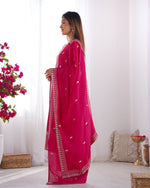 Thumbnail for Lorenvalley Magenta Chinon Silk Embroidery Sequence and Jari Work Kurta Trousers with Dupatta Set