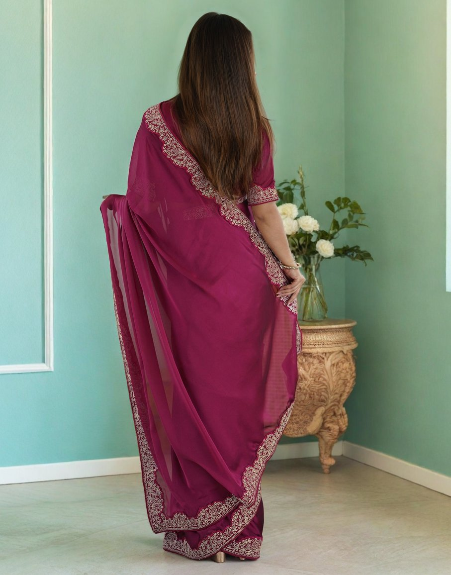 Lorenvalley Fashion Dark Magenta Rangoli Silk with Coding Lace Work Saree with Blouse