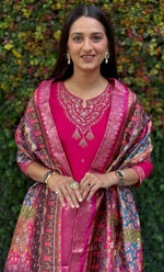 Thumbnail for Lorenvalley Fashion Magenta Roman Silk Embroidery Multi Work Kurta Pant with Dupatta