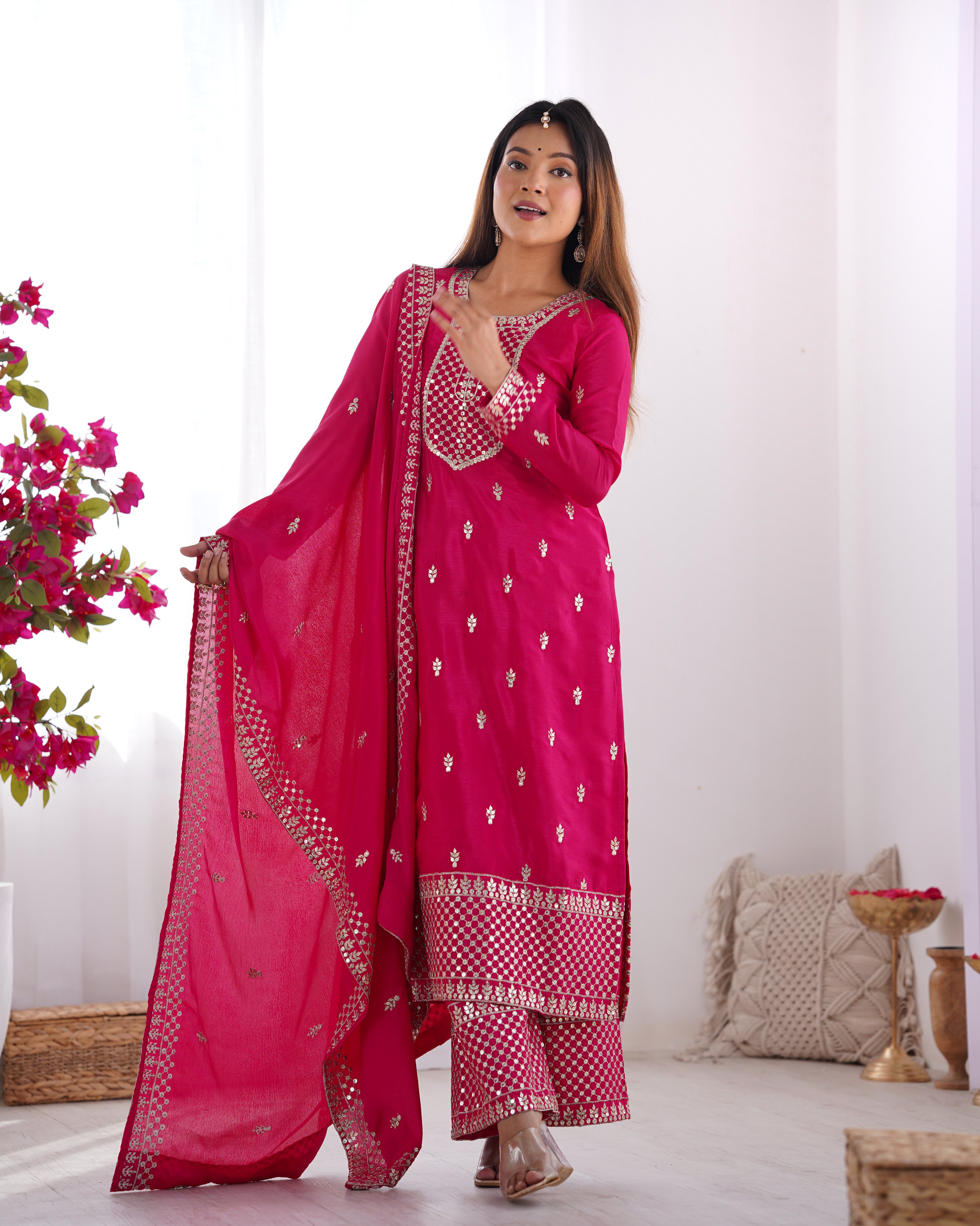 Lorenvalley Magenta Chinon Silk Embroidery Sequence and Jari Work Kurta Trousers with Dupatta Set