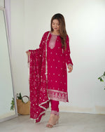 Thumbnail for Lorenvalley Magenta Rangoli Silk Embroidery Sequence and Jari Work Kurta Trousers with Dupatta Set - Distacart