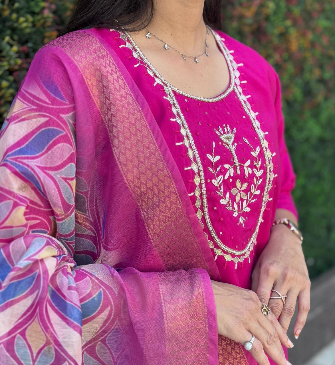 Lorenvalley Fashion Magenta Roman Silk Hand Work Kurta Pant with Dupatta
