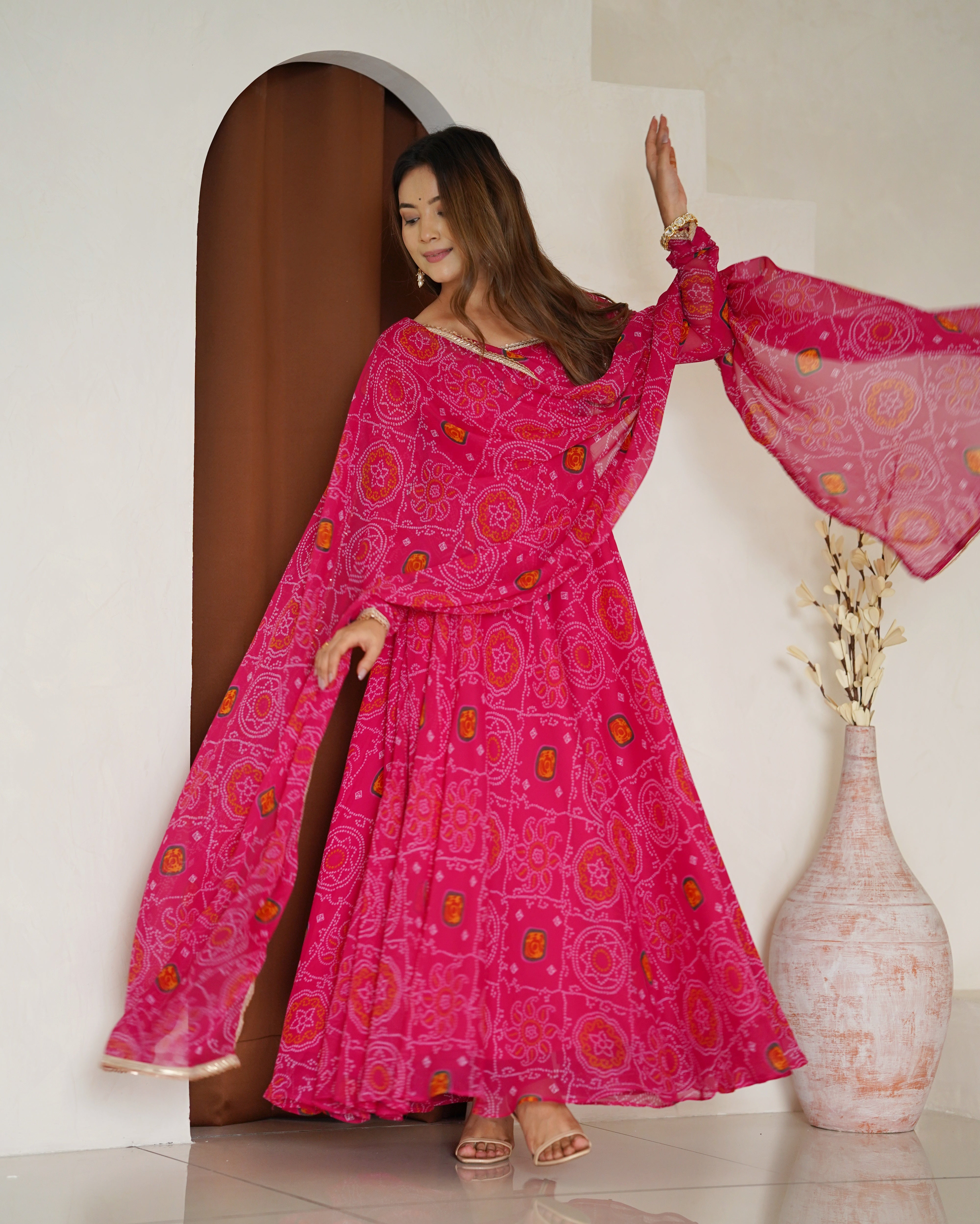 Lorenvalley Women Soft Lightweight Chiffon Bandhej Print Fabric Anarkali Kurta Pant With Dupatta Set - Distacart