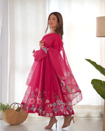 Thumbnail for Lorenvalley Parrot Soft Organza Silk With Floral Print Fully Flared Anarkali Pant With Dupatta Set - Magenta - Distacart