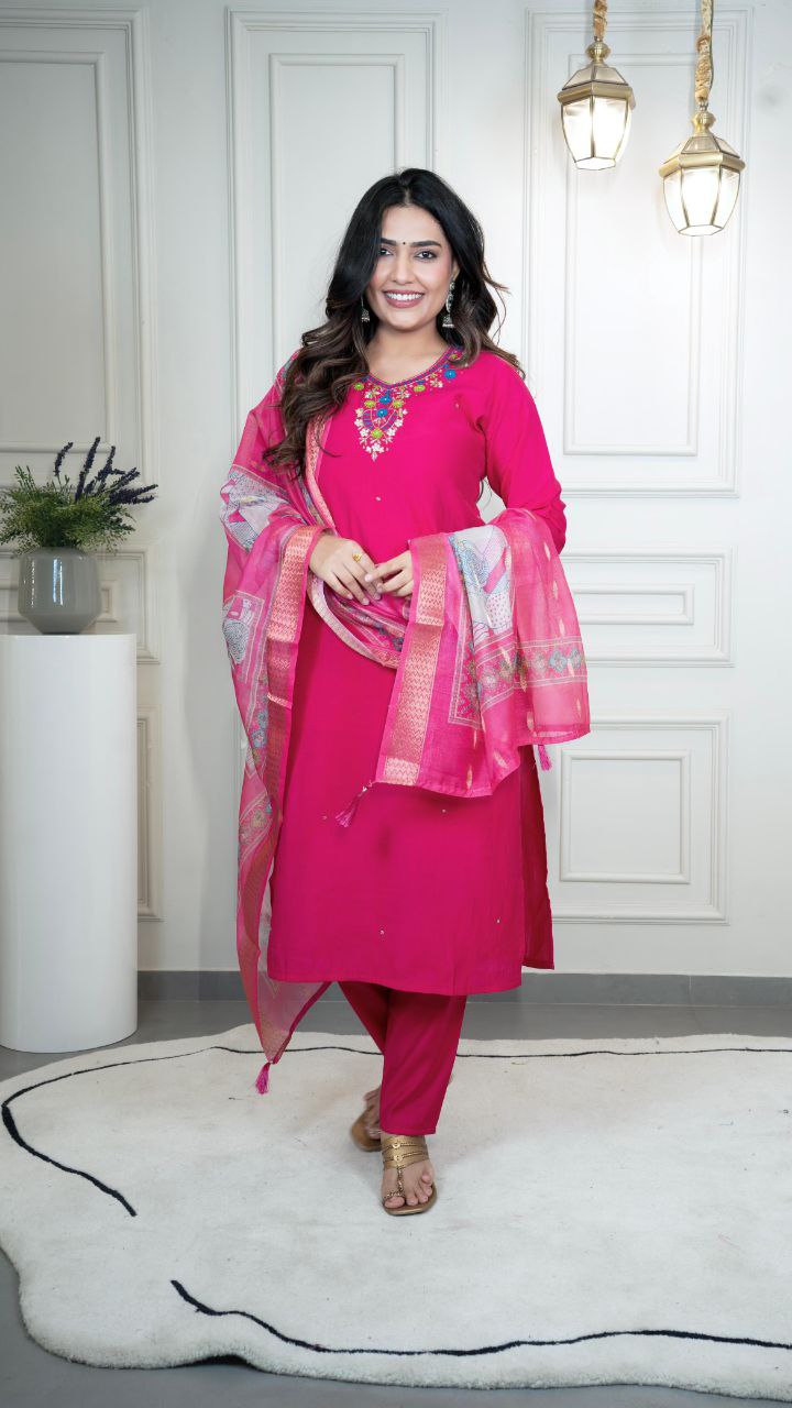 Lorenvalley Fashion Magenta Roman Silk Hand Work Kurta Pant with Dupatta