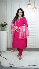 Thumbnail for Lorenvalley Fashion Magenta Roman Silk Hand Work Kurta Pant with Dupatta