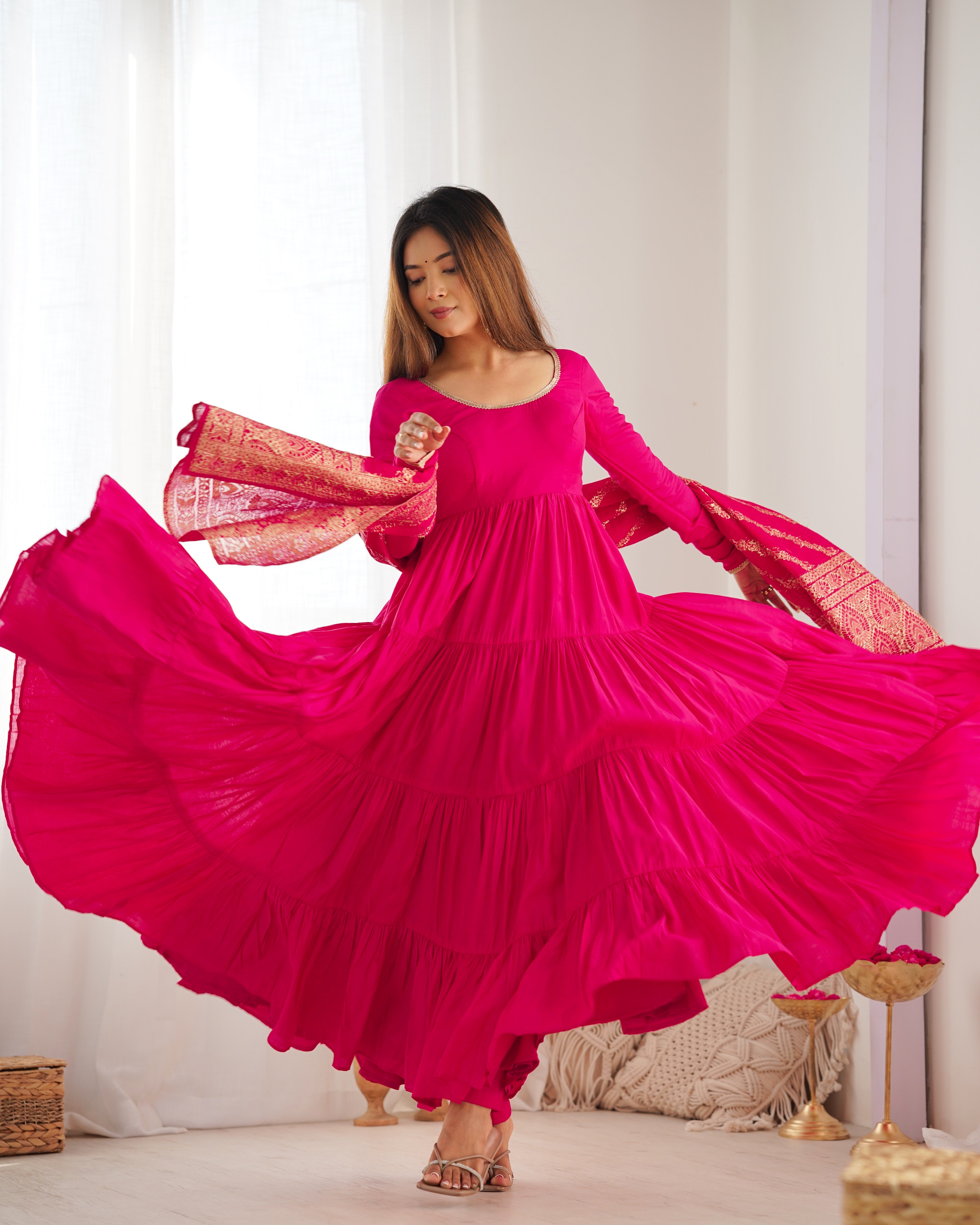 Lorenvalley Women Pure Roman silk Chanderi Fabric Layer Gathering Anarkali Kurta Pant With Dupatta Set - Magenta - Distacart