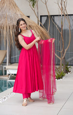 Thumbnail for Lorenvalley Magenta Pure Romansilk Chanderi Fabric Yoke Fancy Lace Work Anarkali Kurta Pant With Dupatta Set