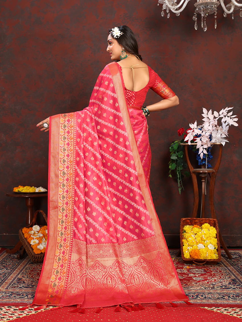 Lorenvalley Fashion Magenta Organza Silk Woven Design with Rich Meenakari Weaving Pallu Saree - Distacart