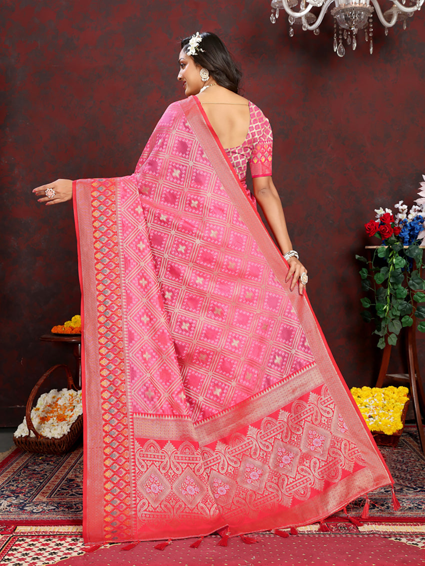 Lorenvalley Fashion Magenta Organza Silk Woven Design with Rich Meenakari Weaving Pallu Saree - Distacart