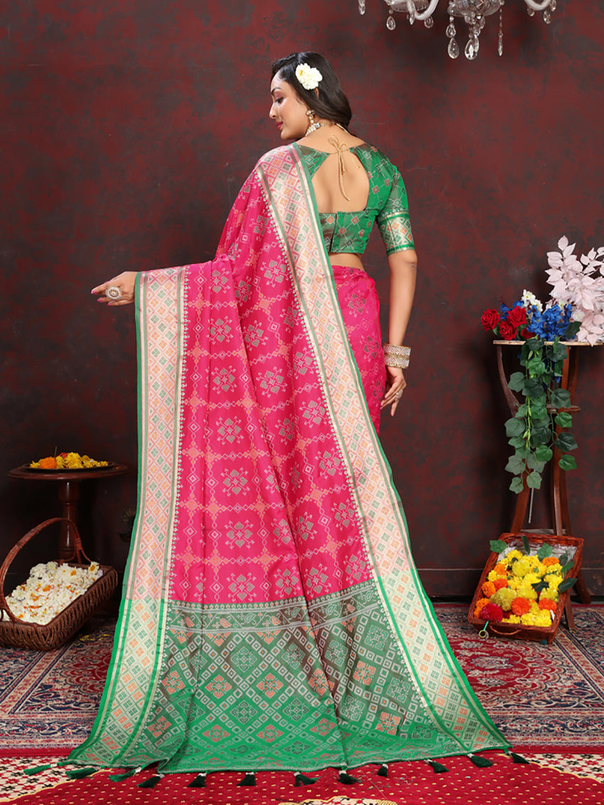Lorenvalley Fashion Magenta Patola Silk Woven Design with Zari Meenakari Weaving motifs Pallu Saree - Distacart