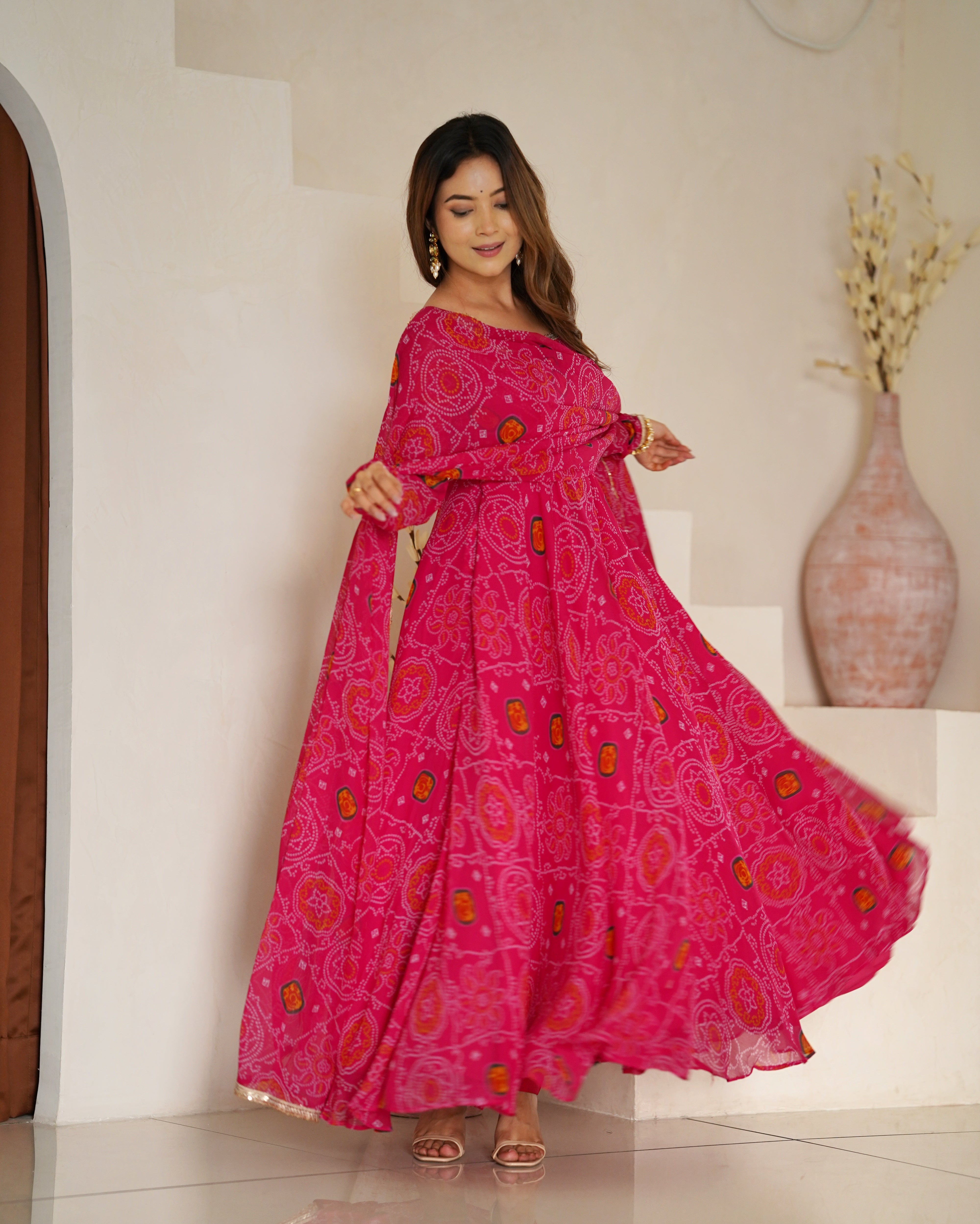 Lorenvalley Women Soft Lightweight Chiffon Bandhej Print Fabric Anarkali Kurta Pant With Dupatta Set - Distacart