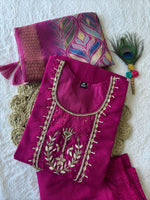 Thumbnail for Lorenvalley Fashion Magenta Roman Silk Hand Work Kurta Pant with Dupatta