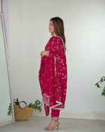 Thumbnail for Lorenvalley Magenta Rangoli Silk Embroidery Sequence and Jari Work Kurta Trousers with Dupatta Set - Distacart