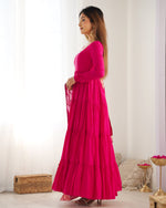 Thumbnail for Lorenvalley Women Pure Roman silk Chanderi Fabric Layer Gathering Anarkali Kurta Pant With Dupatta Set - Magenta - Distacart