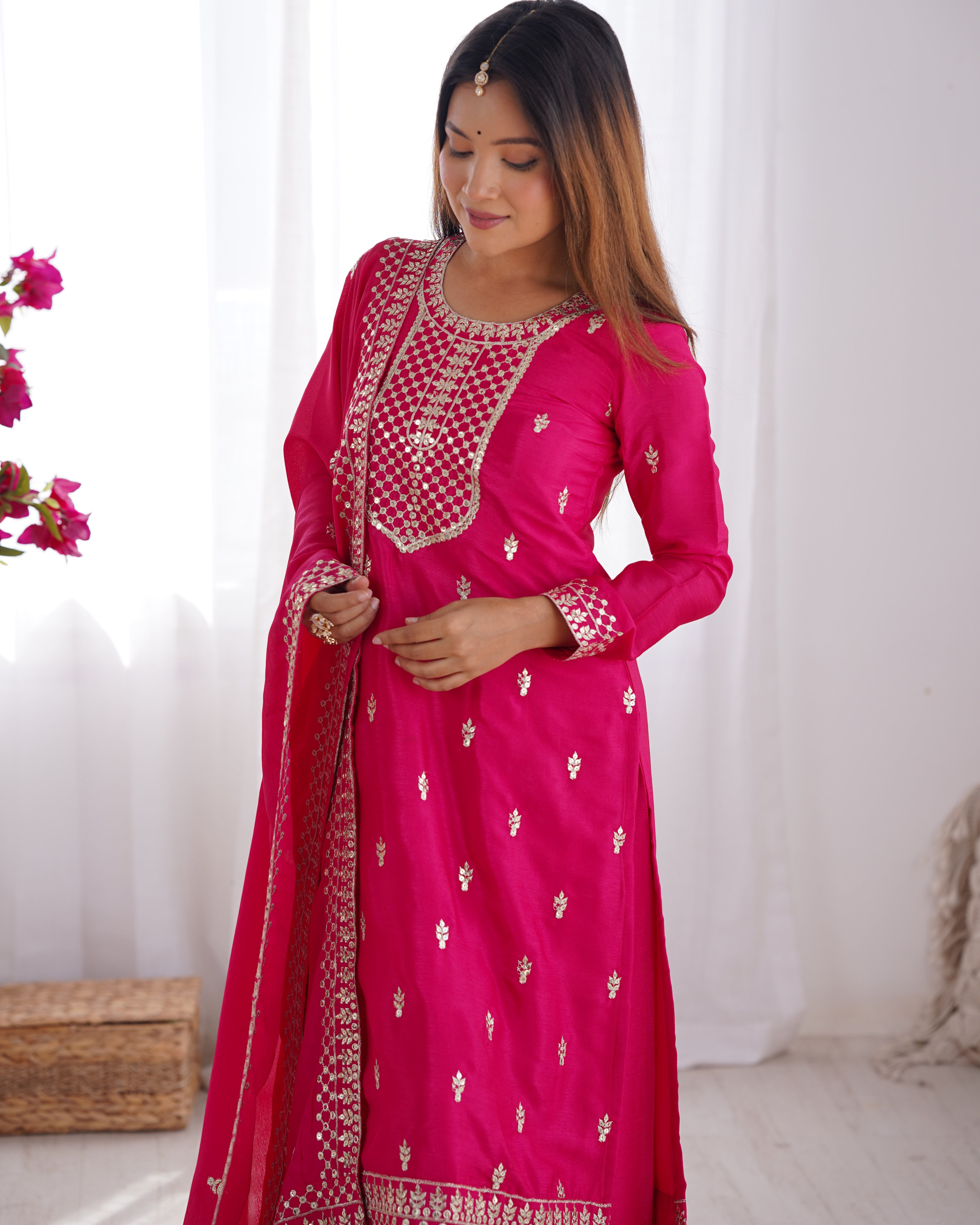 Lorenvalley Magenta Chinon Silk Embroidery Sequence and Jari Work Kurta Trousers with Dupatta Set