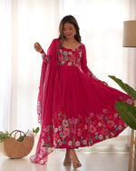 Thumbnail for Lorenvalley Parrot Soft Organza Silk With Floral Print Fully Flared Anarkali Pant With Dupatta Set - Magenta - Distacart