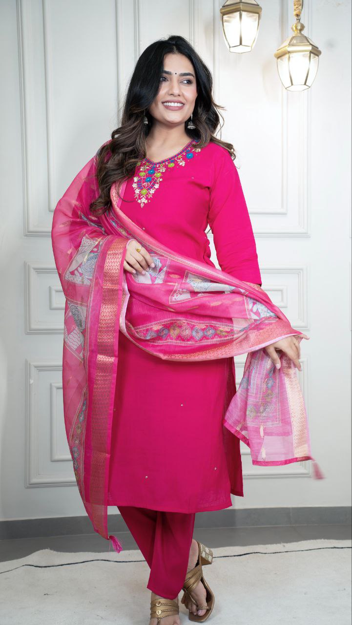 Lorenvalley Fashion Magenta Roman Silk Hand Work Kurta Pant with Dupatta