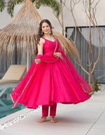 Thumbnail for Lorenvalley Magenta Pure Romansilk Chanderi Fabric Yoke Fancy Lace Work Anarkali Kurta Pant With Dupatta Set
