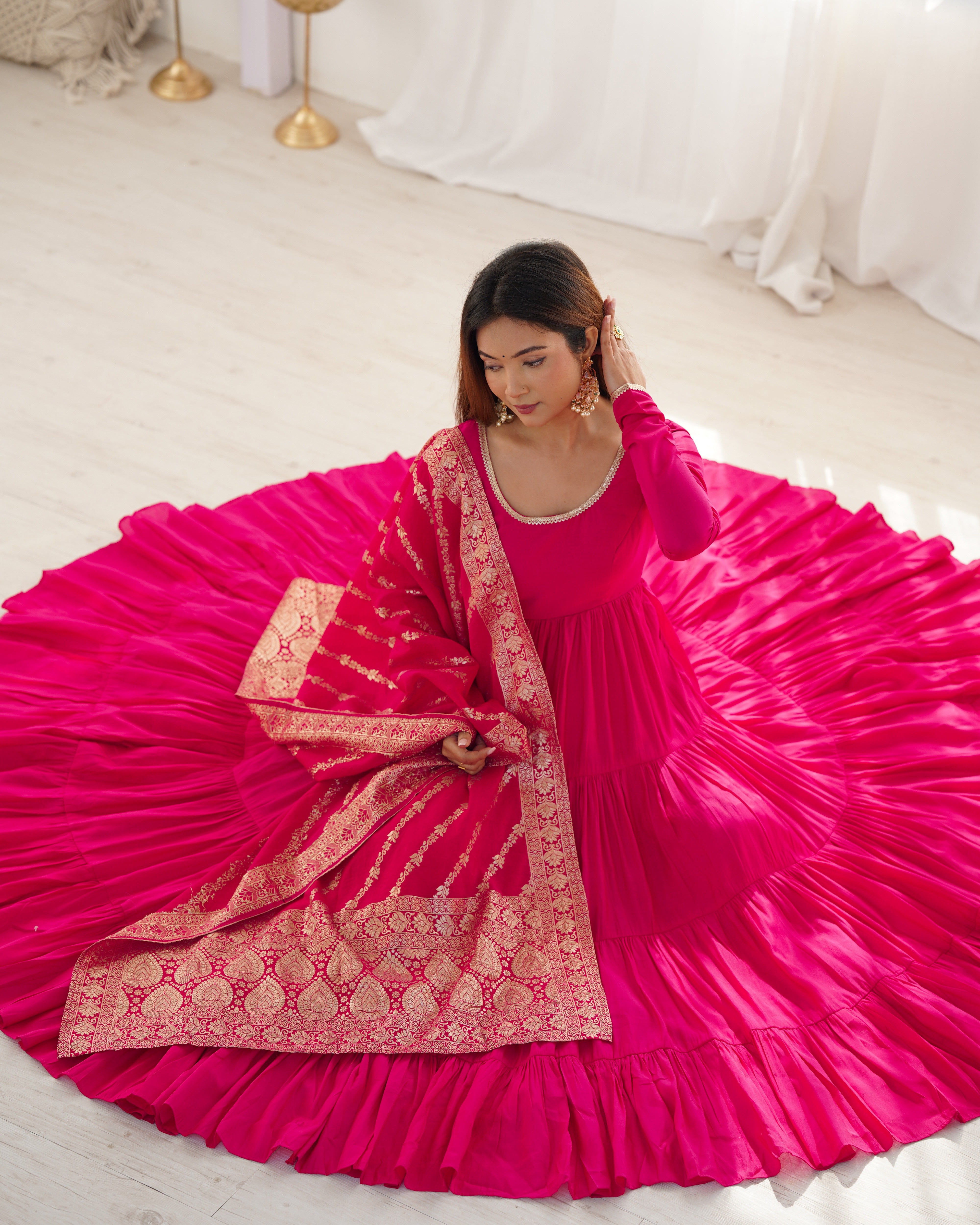 Lorenvalley Women Pure Roman silk Chanderi Fabric Layer Gathering Anarkali Kurta Pant With Dupatta Set - Magenta - Distacart