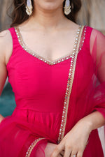 Thumbnail for Lorenvalley Magenta Pure Romansilk Chanderi Fabric Yoke Fancy Lace Work Anarkali Kurta Pant With Dupatta Set