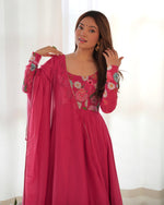 Thumbnail for Lorenvalley Parrot Soft Organza Silk With Floral Print Fully Flared Anarkali Pant With Dupatta Set - Magenta - Distacart