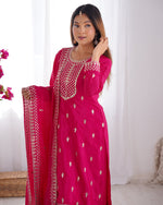 Thumbnail for Lorenvalley Magenta Chinon Silk Embroidery Sequence and Jari Work Kurta Trousers with Dupatta Set