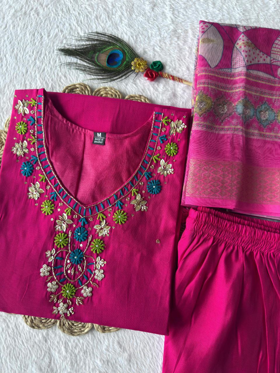 Lorenvalley Fashion Magenta Roman Silk Hand Work Kurta Pant with Dupatta