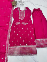 Thumbnail for Lorenvalley Magenta Chinon Silk Embroidery Sequence and Jari Work Kurta Trousers with Dupatta Set