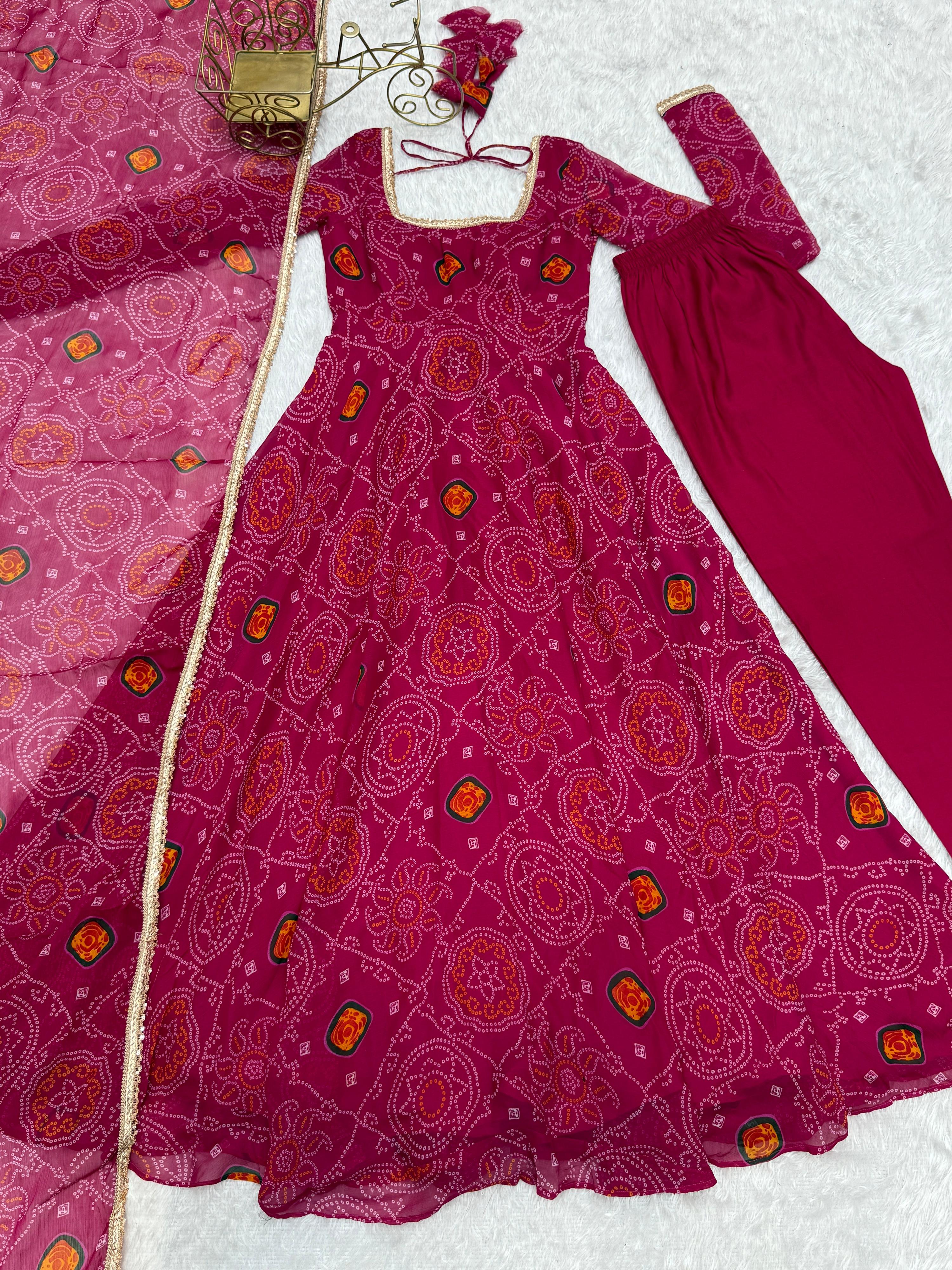 Lorenvalley Women Soft Lightweight Chiffon Bandhej Print Fabric Anarkali Kurta Pant With Dupatta Set - Distacart
