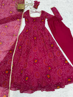 Thumbnail for Lorenvalley Women Soft Lightweight Chiffon Bandhej Print Fabric Anarkali Kurta Pant With Dupatta Set - Distacart