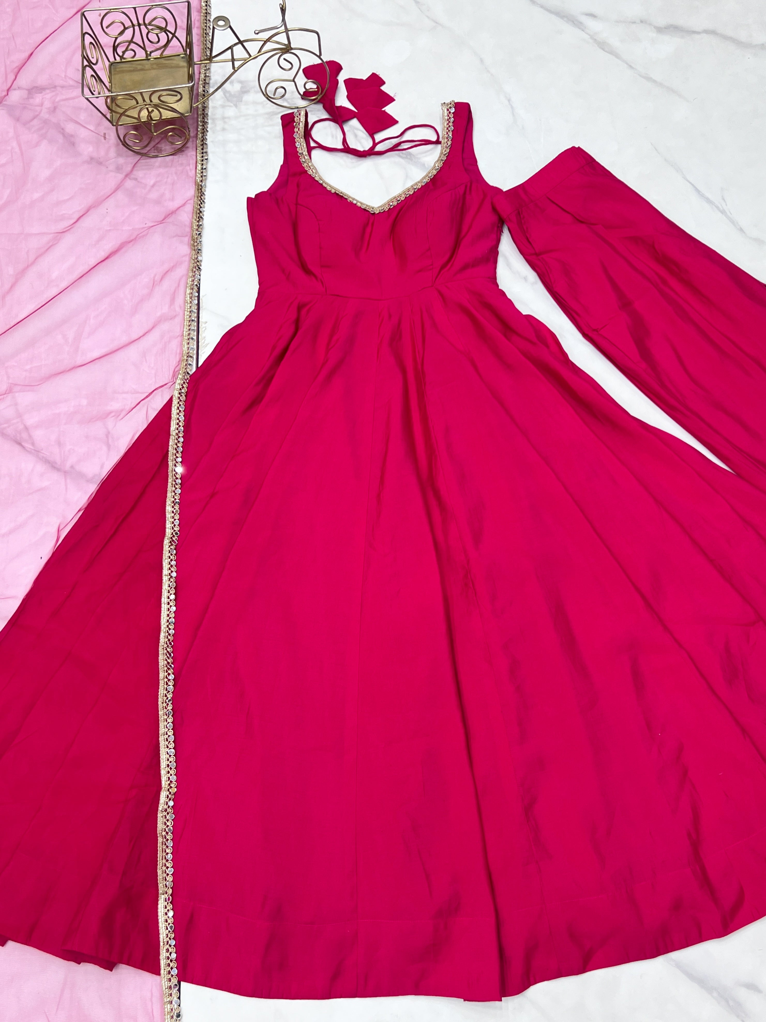 Lorenvalley Magenta Pure Romansilk Chanderi Fabric Yoke Fancy Lace Work Anarkali Kurta Pant With Dupatta Set
