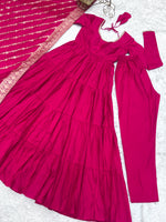 Thumbnail for Lorenvalley Women Pure Roman silk Chanderi Fabric Layer Gathering Anarkali Kurta Pant With Dupatta Set - Magenta - Distacart