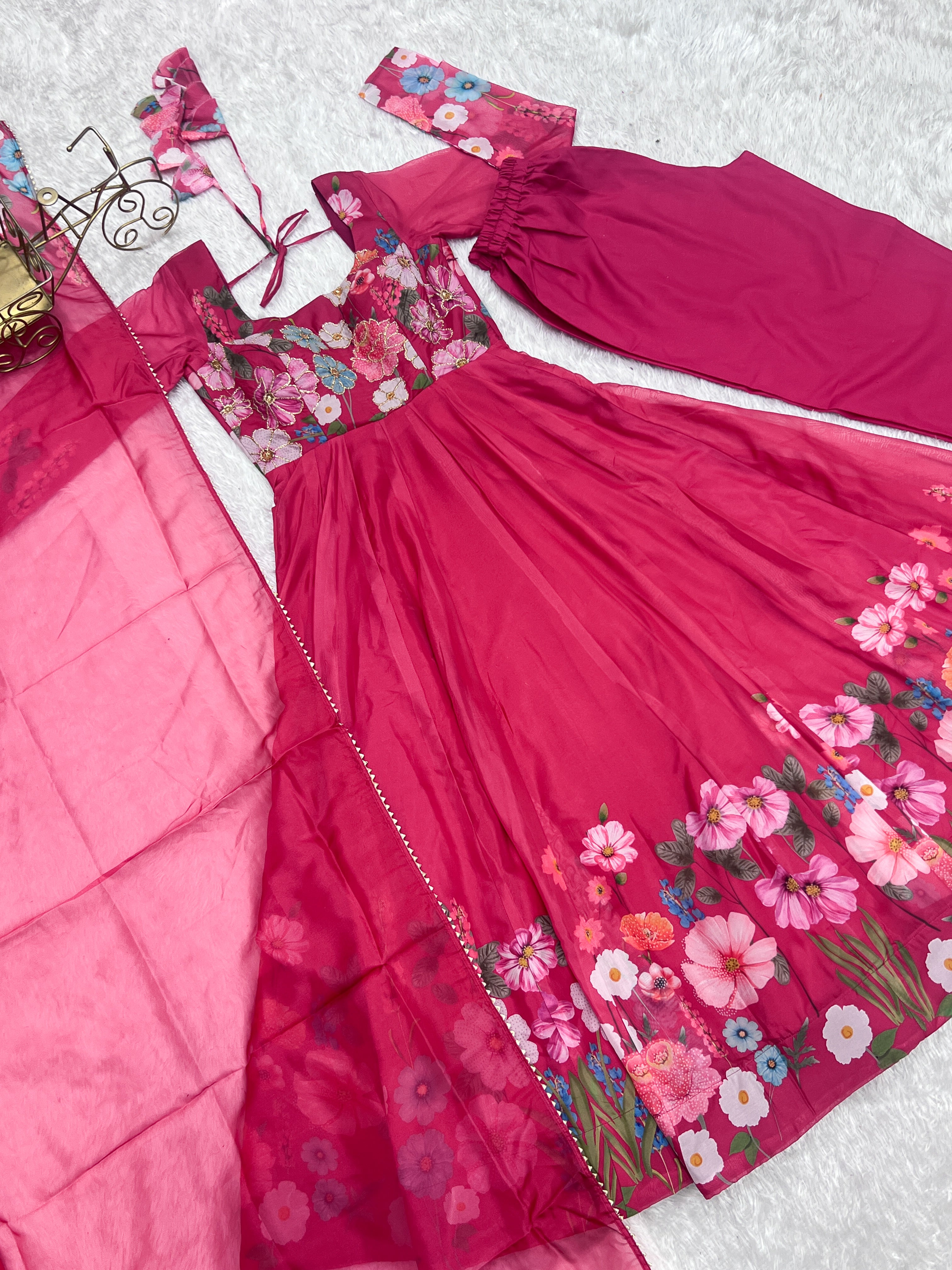 Lorenvalley Parrot Soft Organza Silk With Floral Print Fully Flared Anarkali Pant With Dupatta Set - Magenta - Distacart