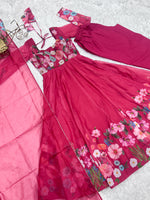Thumbnail for Lorenvalley Parrot Soft Organza Silk With Floral Print Fully Flared Anarkali Pant With Dupatta Set - Magenta - Distacart