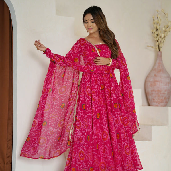 Lorenvalley Women Soft Lightweight Chiffon Bandhej Print Fabric Anarkali Kurta Pant With Dupatta Set - Distacart