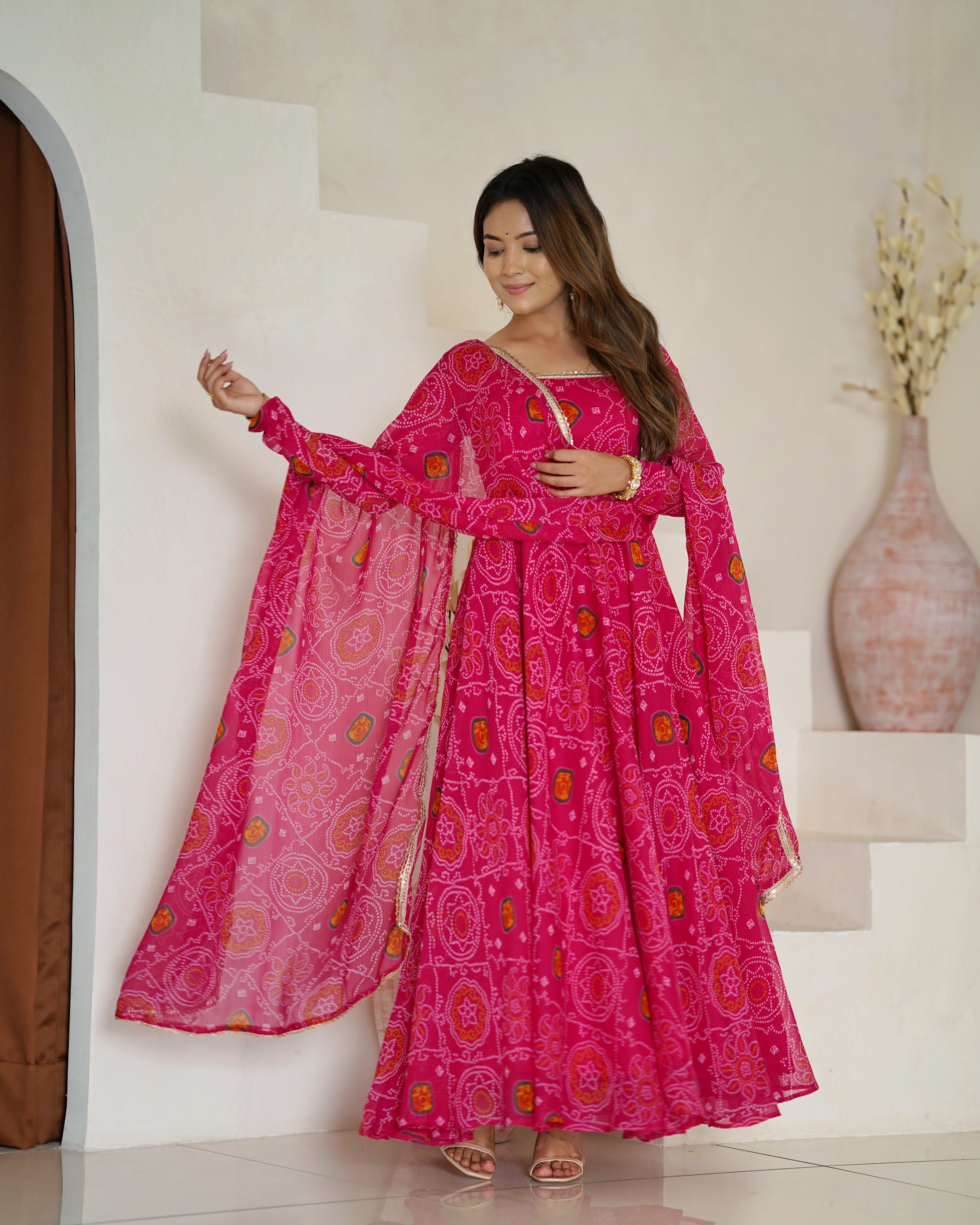 Lorenvalley Women Soft Lightweight Chiffon Bandhej Print Fabric Anarkali Kurta Pant With Dupatta Set - Distacart