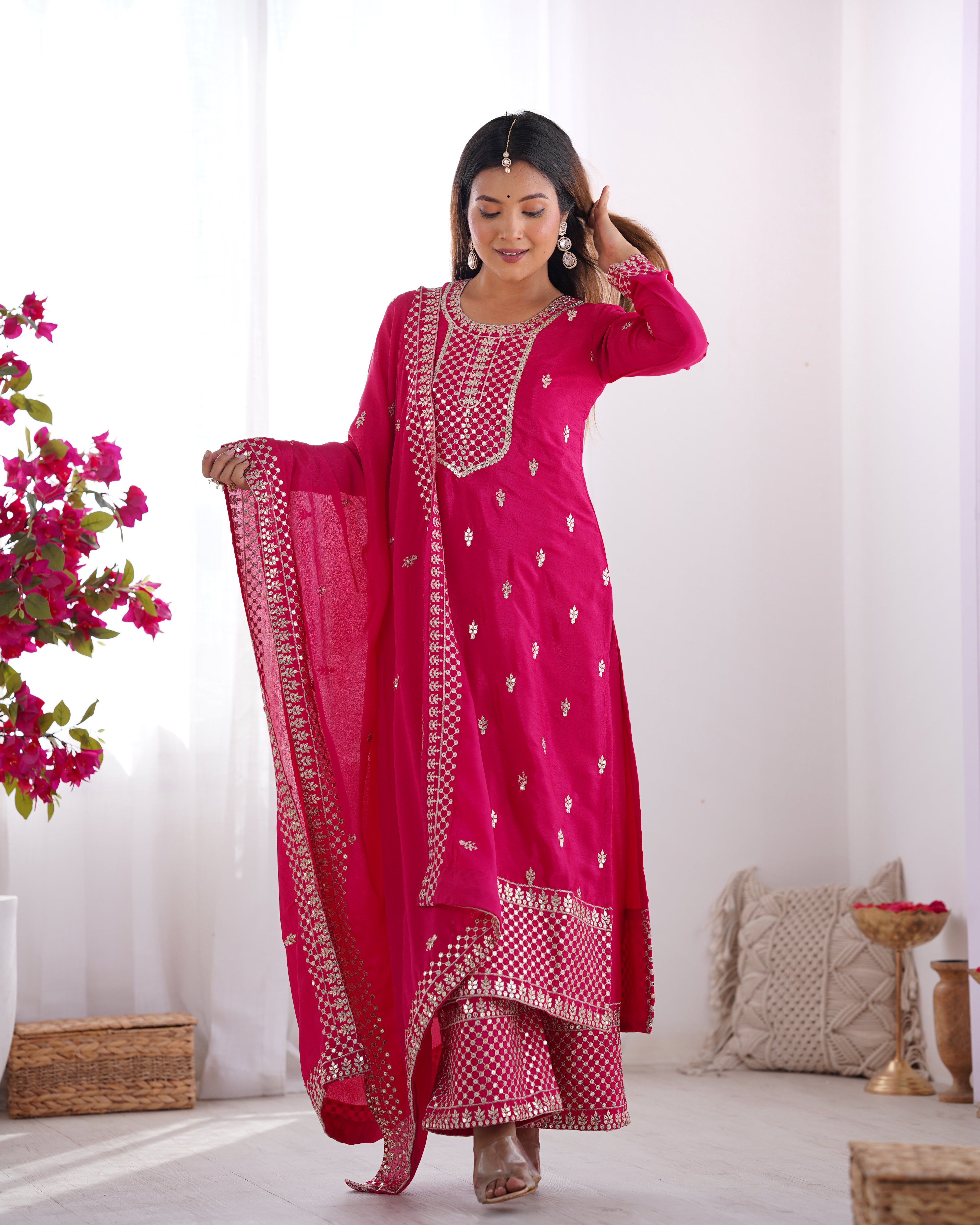 Lorenvalley Magenta Chinon Silk Embroidery Sequence and Jari Work Kurta Trousers with Dupatta Set - Distacart