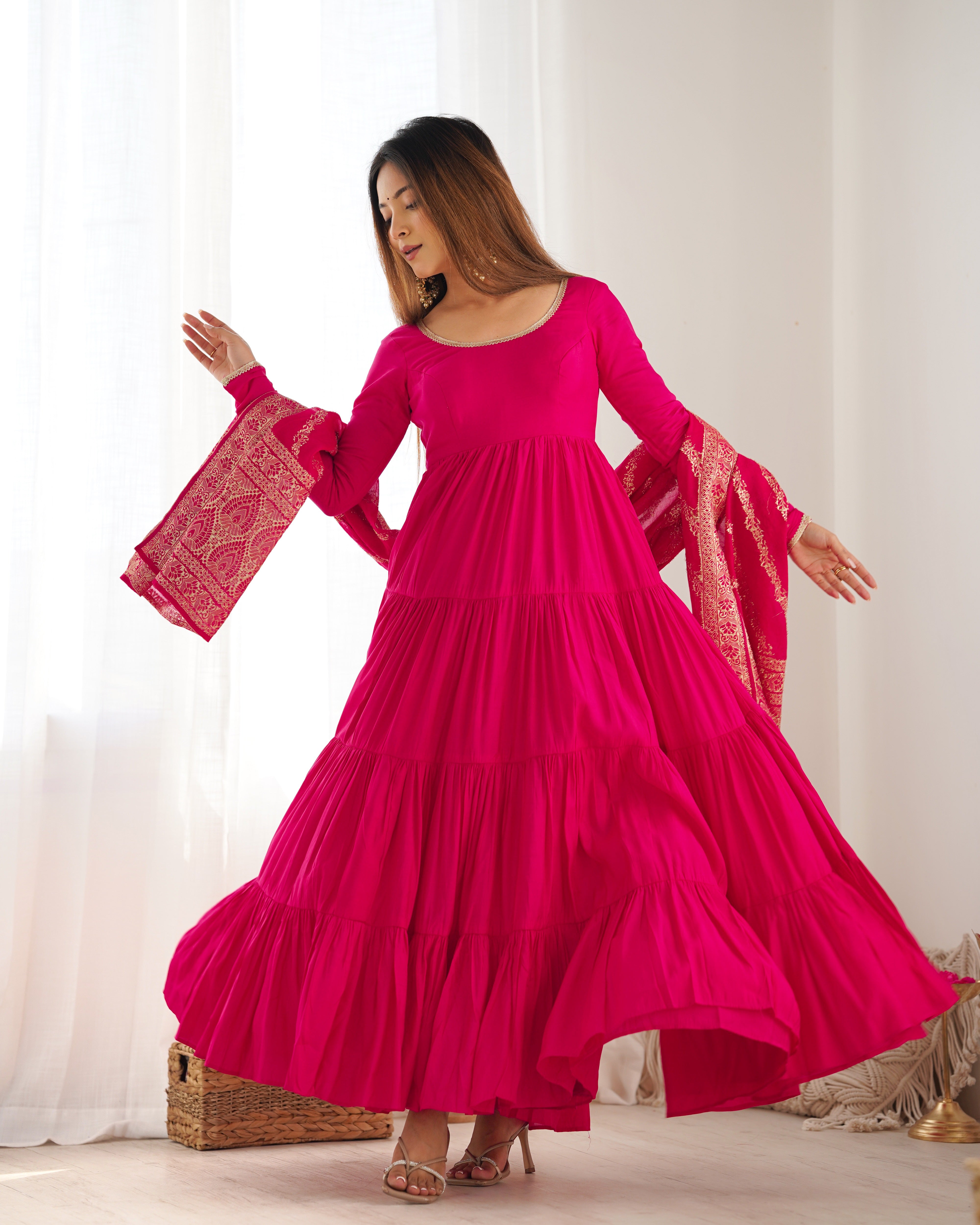 Lorenvalley Women Pure Roman silk Chanderi Fabric Layer Gathering Anarkali Kurta Pant With Dupatta Set - Magenta - Distacart