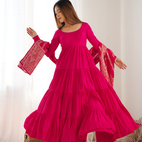 Lorenvalley Women Pure Roman silk Chanderi Fabric Layer Gathering Anarkali Kurta Pant With Dupatta Set - Magenta - Distacart