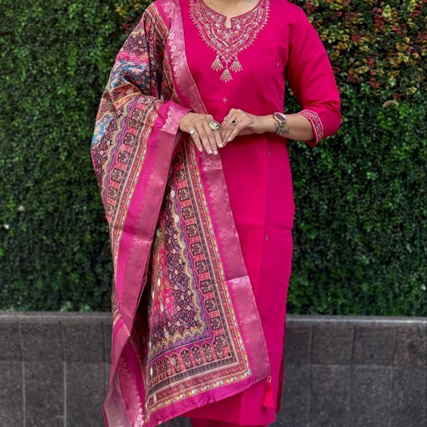 Lorenvalley Fashion Magenta Roman Silk Embroidery Multi Work Kurta Pant with Dupatta - Distacart