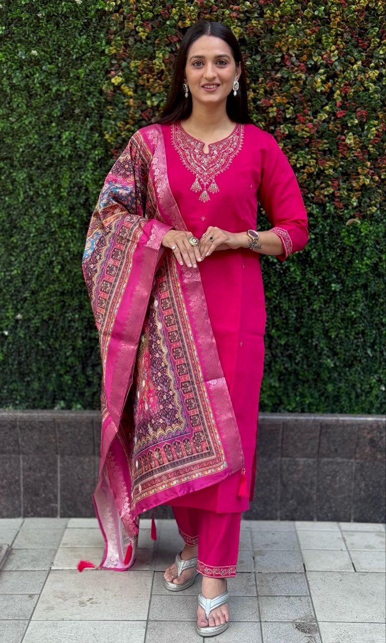 Lorenvalley Fashion Magenta Roman Silk Embroidery Multi Work Kurta Pant with Dupatta - Distacart